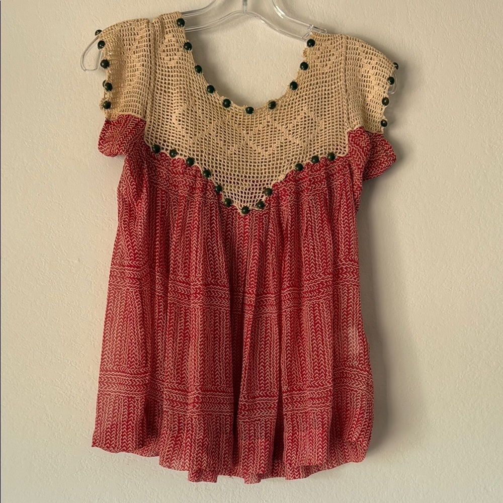 3.1 Phillip Lim Red and Cream Crochet 100% Silk Blouse